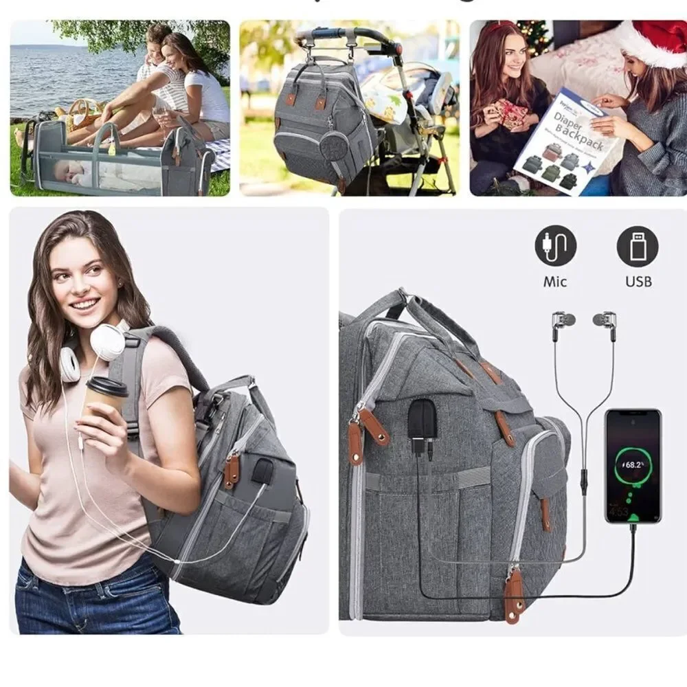 Diaper Bag Backpack Waterproof Large Capacity ChangingPad USB Charging Port Grey